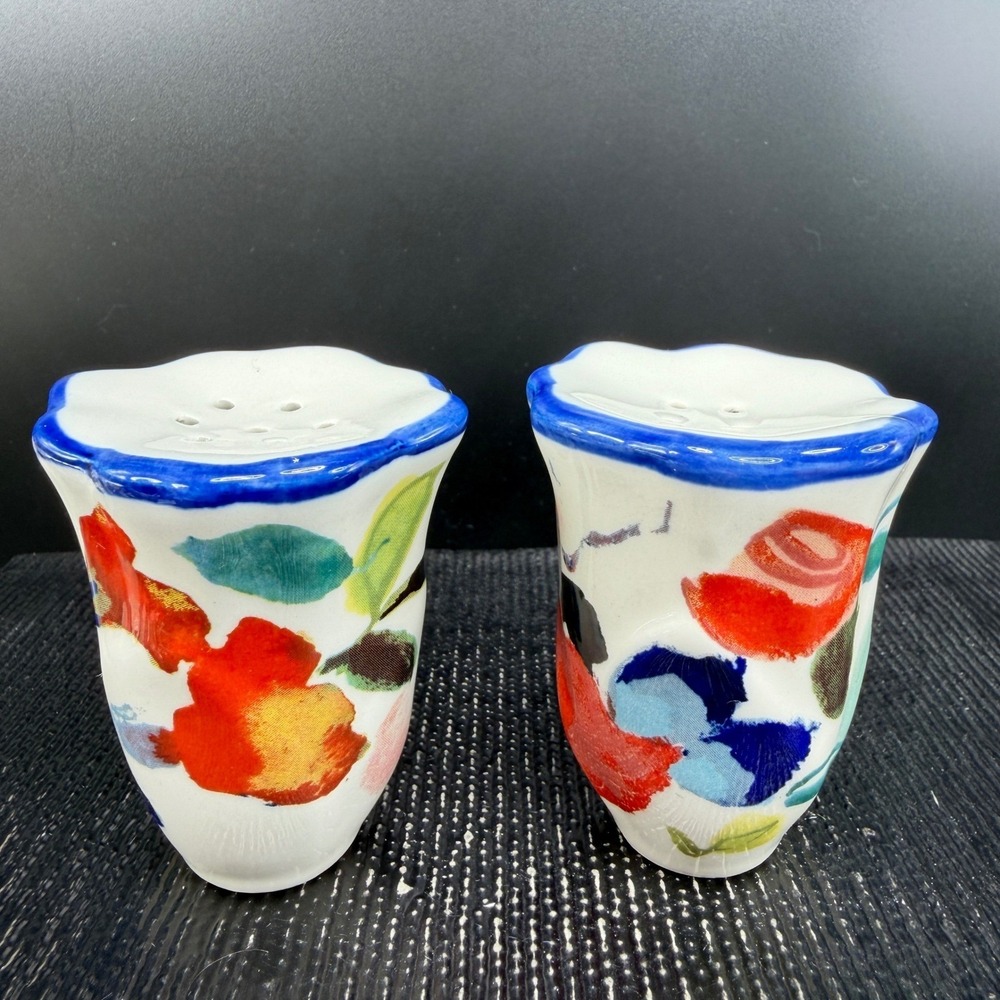 Anthropologie Luna Floral Ceramic Salt and Pepper Shaker Set with Tray New w Tag - Picture 9 of 11